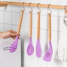 Set 12 Ustensile EDAR Din Silicon Alimentar, SPA12, Cu Maner De Lemn, Mov, 2 Kg