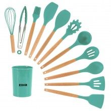 Set 12 Ustensile EDAR Din Silicon Alimentar, SPA12, Cu Maner De Lemn, Turcoaz, 2 Kg
