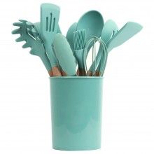 Set 12 Ustensile EDAR Din Silicon Alimentar, SPA12, Cu Maner De Lemn, Turcoaz, 2 Kg