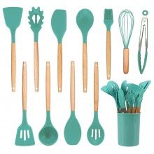 Set 12 Ustensile EDAR Din Silicon Alimentar, SPA12, Cu Maner De Lemn, Turcoaz, 2 Kg