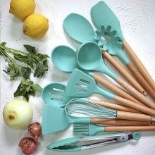 Set 12 Ustensile EDAR Din Silicon Alimentar, SPA12, Cu Maner De Lemn, Turcoaz, 2 Kg