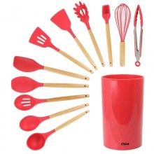Set 12 Ustensile EDAR Din Silicon Alimentar, SPA12, Cu Maner De Lemn, Rosu, 2 Kg