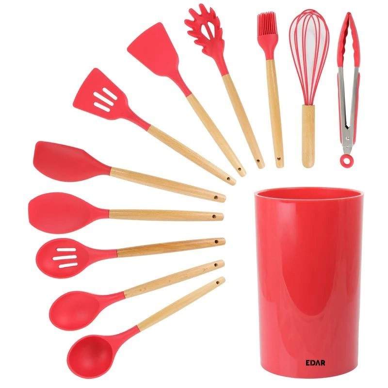 Set 12 Ustensile EDAR Din Silicon Alimentar, SPA12, Cu Maner De Lemn, Rosu, 2 Kg