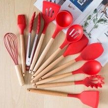 Set 12 Ustensile EDAR Din Silicon Alimentar, SPA12, Cu Maner De Lemn, Rosu, 2 Kg