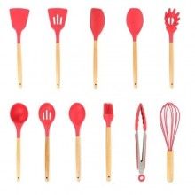 Set 12 Ustensile EDAR Din Silicon Alimentar, SPA12, Cu Maner De Lemn, Rosu, 2 Kg