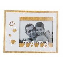 Rama foto SIKS®, 15 x 10 cm, cu mesaj Tata, suport si margine din lemn, alb maroaj Tata