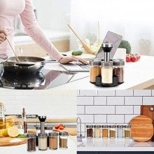 Set 6 x Recipiente pentru Condimente EDAR, Suport Rotativ 360, 115 x 40 mm, Negru/Argintiu Set 6 x Recipiente pentru Condimente EDAR, Suport Rotativ 360, 115 x 40 mm, Negru/Argintiu