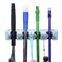 Suport de Perete EDAR pentru Maturi si Mopuri, Lavete, Accesorii de Gradinari, 4 Compartimente, 5 Carlige, Plastic, Gri