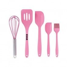Set 5 Ustensile de Bucatarie EDAR din Silicon Termorezistent, Inox, Tel, Pensula, Spatula Mica/Mare, Paleta, 5 Piese, 350g, Roz