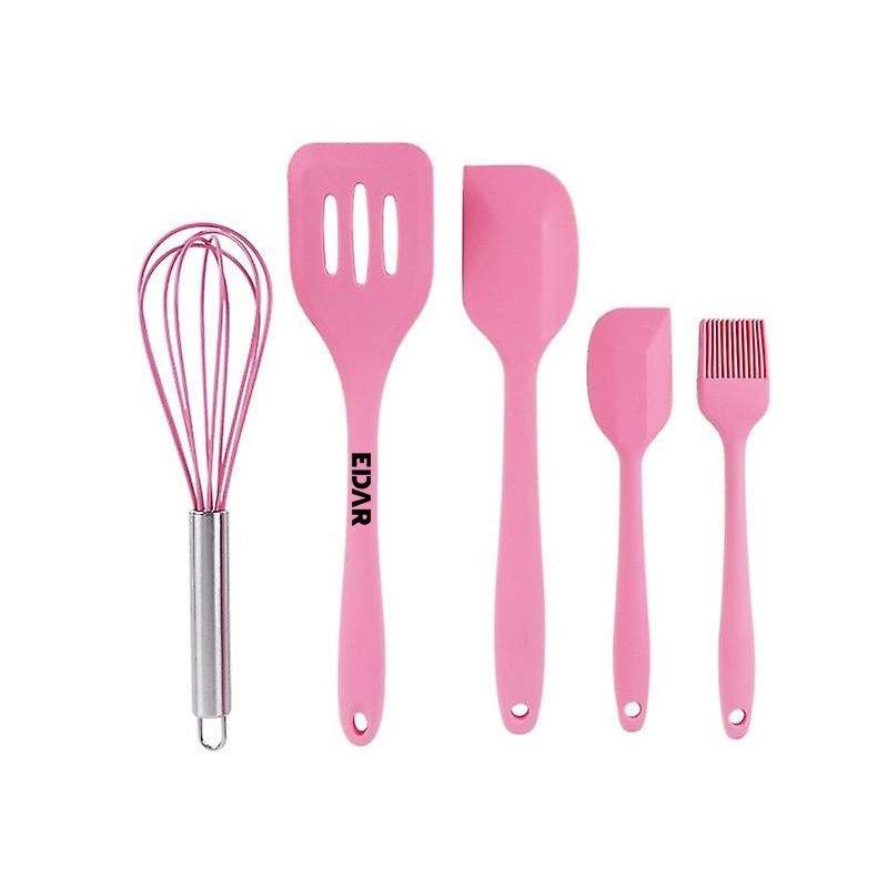 Set 5 Ustensile de Bucatarie EDAR din Silicon Termorezistent, Inox, Tel, Pensula, Spatula Mica/Mare, Paleta, 5 Piese, 350g, Roz