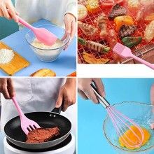 Set 5 Ustensile de Bucatarie EDAR din Silicon Termorezistent, Inox, Tel, Pensula, Spatula Mica/Mare, Paleta, 5 Piese, 350g, Roz