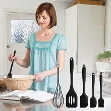 Set 5 Ustensile de Bucatarie EDAR din Silicon Termorezistent, Inox, Tel, Pensula, Spatula Mica/Mare, Paleta, 5 Piese, 350g, N...