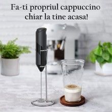 Aparat SIKS Pentru Spumare a Laptelui, Cu Varf Spiralat, Functionare pe Baterii, Suport Inclus, Negru