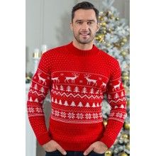 Set Pulovere Pentru Cuplu SIKS, Tricotat, Cu Imprimeu Reni, Marime Universala, Rosu/Alb