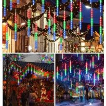 Instalatie de Craciun SIKS Tip Turturi Meteor, 80 cm, 8 Tuburi X 36 LED, 288 LED-uri, Fir Transparent, Lumina Multicolora