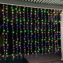 Instalatie De Craciun SIKS Model Perdea, 3 m x 3 m, 300 LED-uri, Cu 8 jocuri de lumini, Franjuri, Pentru Exterior/Interior, F...