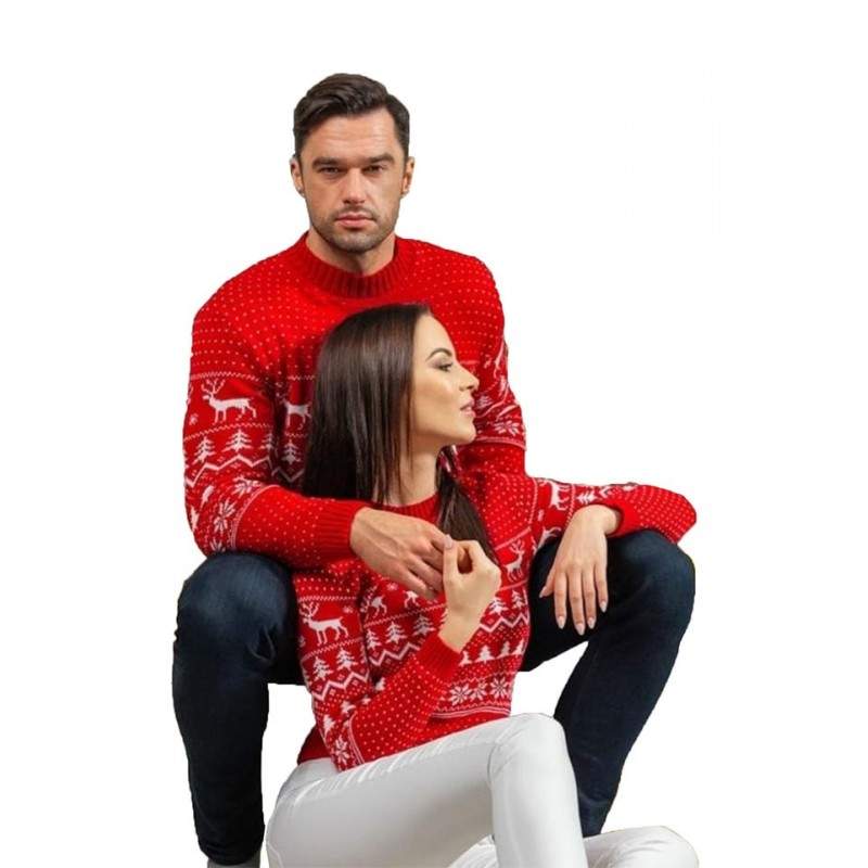 Set Pulovere Pentru Cuplu EDAR, Imprimeu Reni, Tricot Moale, Marime Universala, Rosu/Alb