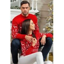 Set Pulovere Pentru Cuplu EDAR, Imprimeu Reni, Tricot Moale, Marime Universala, Rosu/Alb