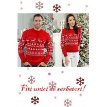 Set Pulovere Pentru Cuplu EDAR, Imprimeu Reni, Tricot Moale, Marime Universala, Rosu/Alb