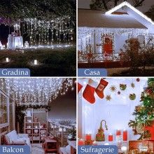 Instalatie Craciun Turturi EDAR tip Ghirlanda curgatoare cu Franjuri, Exterior/Interior, 8 jocuri de lumini, Fir Alb, Interco...