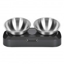 Set 2 Boluri SIKS Cu Suport, Bol Ortopedic Dublu Pentru Hranire Animale De Companie, Inox/Polipropilena, Inclinare 15°, Gri