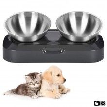 Set 2 Boluri SIKS Cu Suport, Bol Ortopedic Dublu Pentru Hranire Animale De Companie, Inox/Polipropilena, Inclinare 15°, Gri