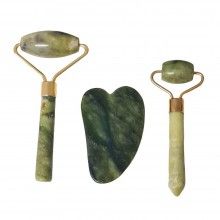 Set 2 x Rola de Masaj Facial SIKS tip Gua Sha, Piatra de Jad, Pentru Fata si Corp, Anti-Rid, Verde