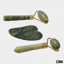 Set 2 x Rola de Masaj Facial SIKS tip Gua Sha, Piatra de Jad, Pentru Fata si Corp, Anti-Rid, Verde