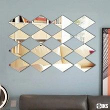 Set 32 x Oglinda tip Sticker Decorativ in Forma de Romb/Triunghi, Decorare Pereti, Suprafata Acoperita 50 x 100cm, Auriu, Mod...