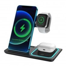 Incarcator Wireless 3 in 1 SIKS pentru Smartphone, Smartwatch, Carcasa Casti, Incarcare Rapida, Lumina LED, Negru