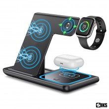 Incarcator Wireless 3 in 1 SIKS pentru Smartphone, Smartwatch, Carcasa Casti, Incarcare Rapida, Lumina LED, Negru