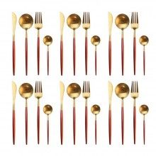 Set Tacamuri SIKS, 24 Piese Stil Portughez, Otel Inoxidabil, Rosu/Auriu