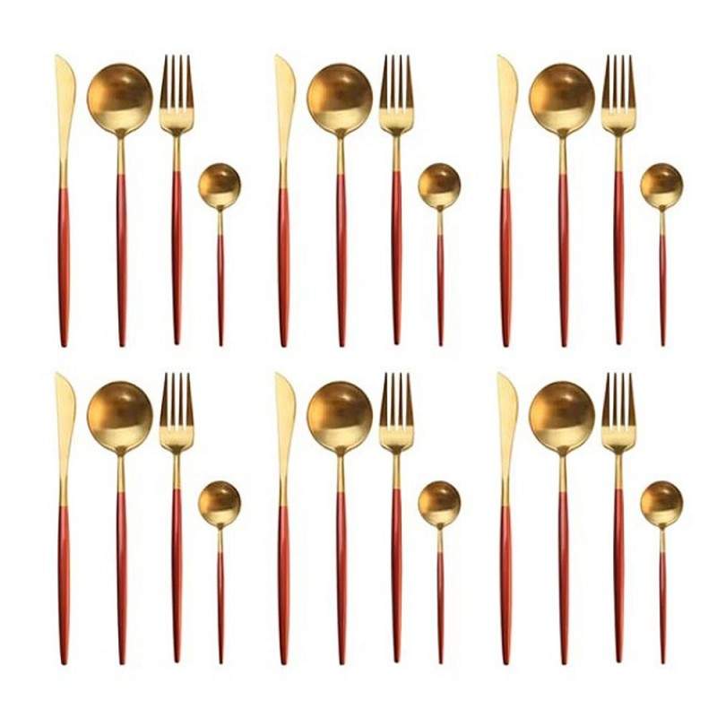 Set Tacamuri SIKS, 24 Piese Stil Portughez, Otel Inoxidabil, Rosu/Auriu