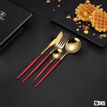 Set Tacamuri SIKS, 24 Piese Stil Portughez, Otel Inoxidabil, Rosu/Auriu