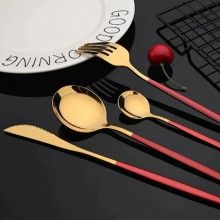 Set Tacamuri SIKS, 24 Piese Stil Portughez, Otel Inoxidabil, Rosu/Auriu