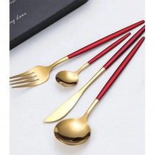 Set Tacamuri SIKS, 24 Piese Stil Portughez, Otel Inoxidabil, Rosu/Auriu