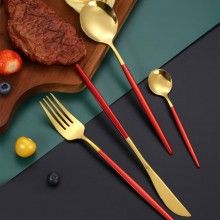 Set Tacamuri SIKS, 24 Piese Stil Portughez, Otel Inoxidabil, Rosu/Auriu