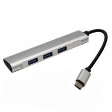 Adaptor USB-C la USB SIKS, argintiu, 4 Porturi, Transfer Fisiere, Negru/Gri