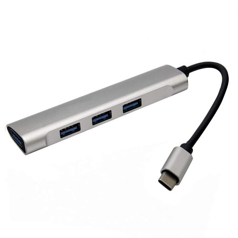 Adaptor USB-C la USB SIKS, argintiu, 4 Porturi, Transfer Fisiere, Negru/Gri