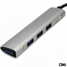 Adaptor USB-C la USB SIKS, argintiu, 4 Porturi, Transfer Fisiere, Negru/Gri