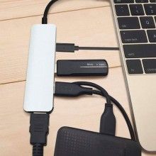 Adaptor USB-C la USB SIKS, argintiu, 4 Porturi, Transfer Fisiere, Negru/Gri