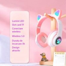 Casti Wireless Pliabile SIKS, Urechi de Pisica, Bluetooth 5.0, Handsfree, HiFi, Bass Stereo, LED, TF, Roz Casti Wireless Pliabile SIKS, Urechi de Pisica, Bluetooth 5.0, Handsfree, HiFi, Bass Stereo, LED, TF, Roz