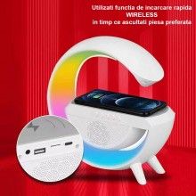 Boxa Multifunctionala 3 in 1 SIKS, Lampa LED RGB Smart, Boxa Bluetooth, Incarcator Telefon Wireless, Lumina RGB, Alb