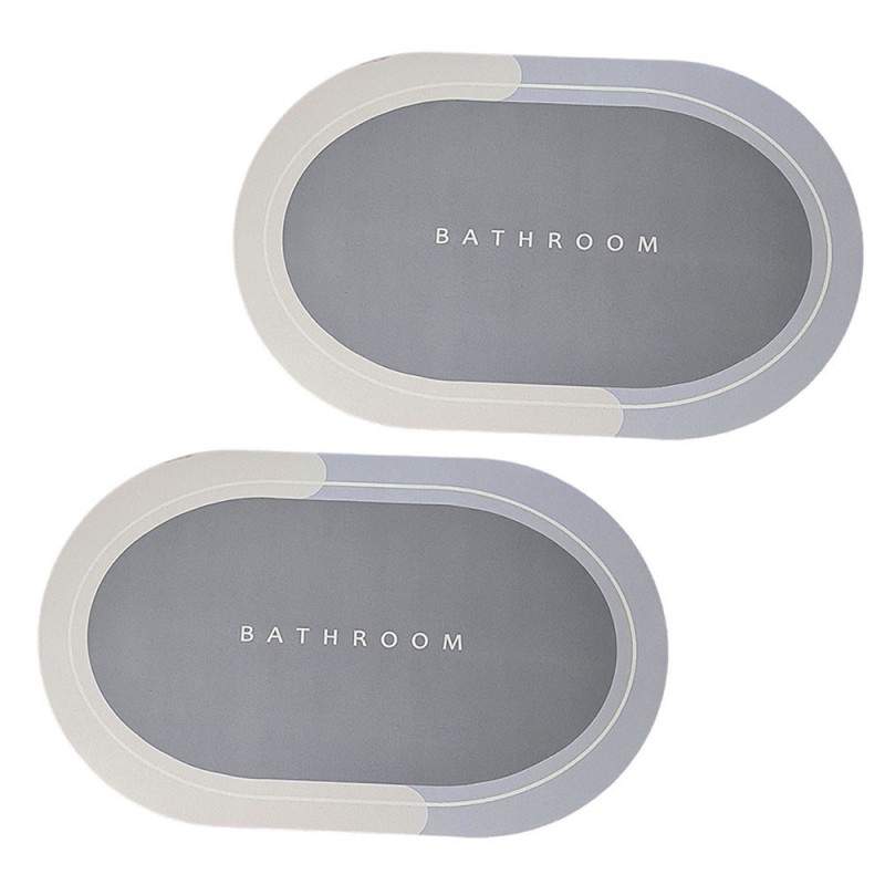 Set 2 x Covor de Baie Antiderapant SIKS, Model „Bathroom”, Oval, 78 x 48 cm, Albastru Deschis/Gri