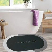 Covor De Baie EDAR, Cu Mesaj "Bathroom", Absorbant, Antiderapant, Material Moale, Curatoare Usoara, 57 x 38 cm, Verde / Gri