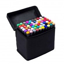Set 60 De Carioci Multicolor SIKS Cu 2 Capete, Marker Cu Cap Dublu, Cerneala Pe Baza De Alcool, Geanta Neagra Si Suport Din P...
