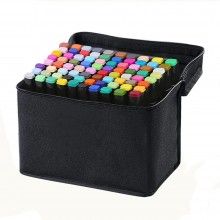 Set 80 De Carioci Multicolor SIKS Cu 2 Capete, Marker Cu Cap Dublu, Cerneala Pe Baza De Alcool, Geanta Neagra Si Suport Din P...