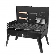 Gratar De Gradina Pentru Carbuni SIKS, Din Metal, Portabil, Ustensile Incluse, Picioare Pliabile, 44 X 27 X 22 Cm, Negru