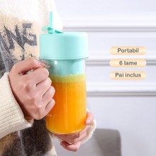 Blender Portabil SIKS Tip Cana Cu Incarcare USB, 6 Lame, Capacitate 420 ml, Cu Pai Din Silicon, Turcoaz