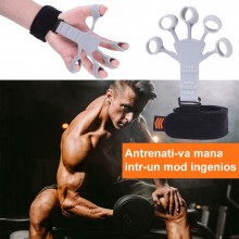 Flexor Degete EDAR, Curea Sustinere Velcro, Inele Silicon Flexibil, Pentru Antrenament Mana, Antebrat, Recuperare Fizica, Gri
